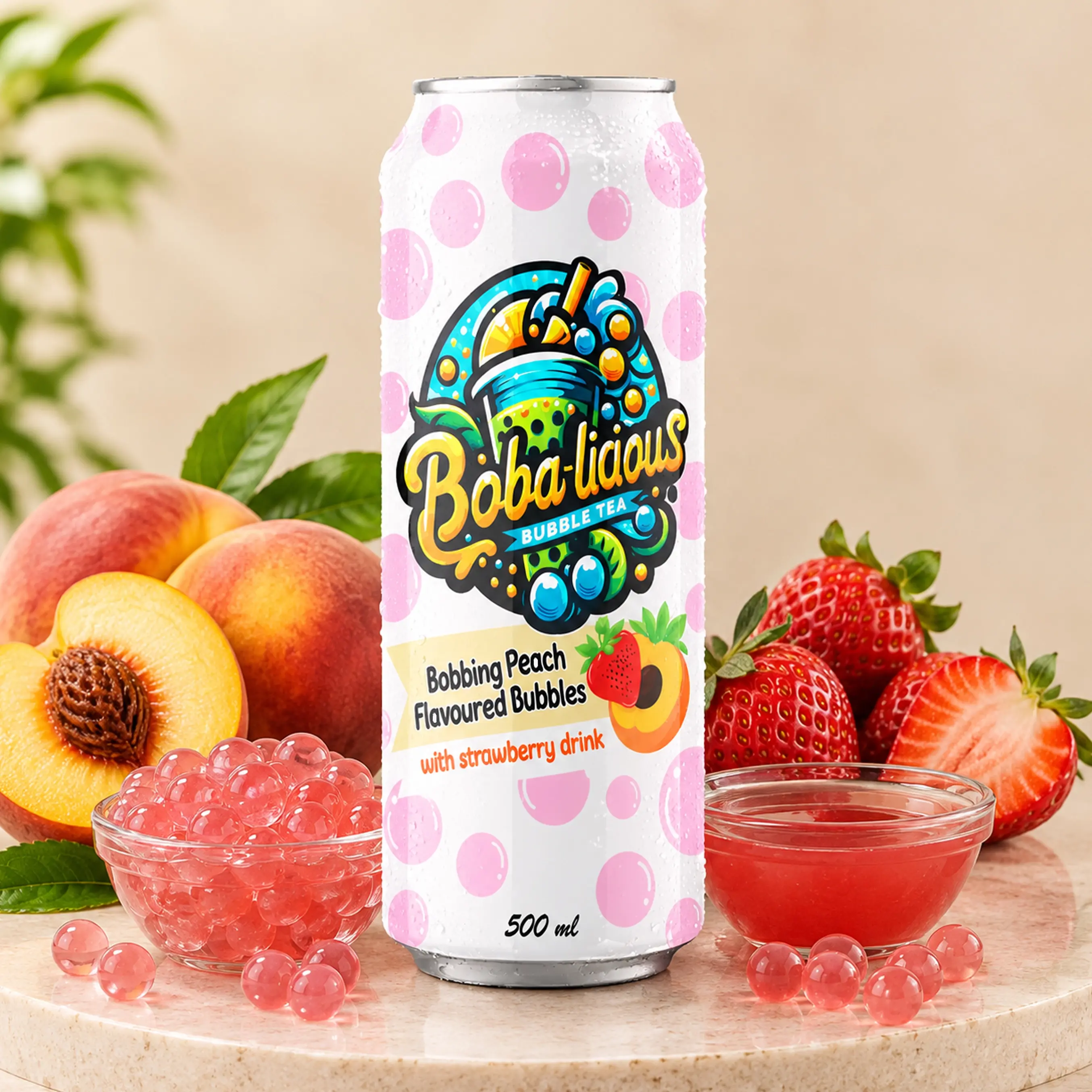 BUBBLE TEA Boba-licious Peach 500 ml can with peach flavoured bubbles, strawberry drink, fresh peach, strawberries and popping boba.